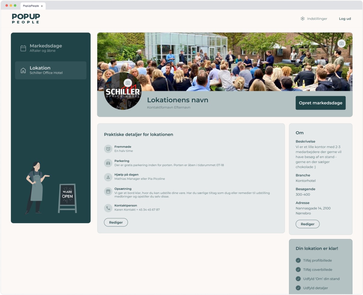 Location dashboard showing completed practical details and business info sections with edit options and a call-to-action to create market days.